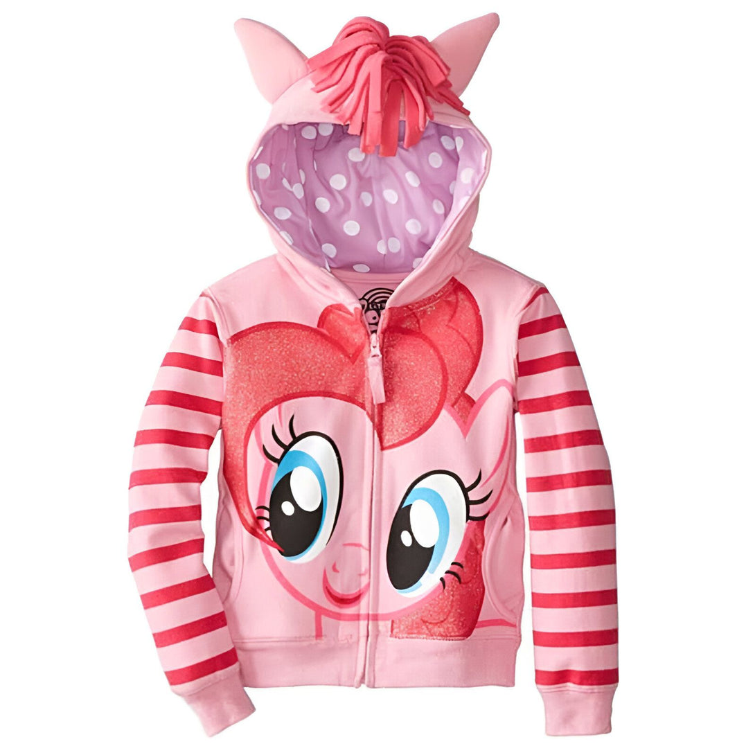 Veste à capuche rose pour enfant avec rayures rouges sur les manches et un motif de personnage de dessin animé sur le devant. La capuche est ornée de petites oreilles et de franges roses imitant une crinière., 45501696934143,45501696966911,45501696999679,45501697032447,45501697065215,45501697097983,45501697130751,45501697163519 | Licorne Shop