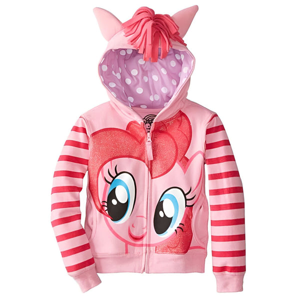 Veste à capuche rose pour enfant avec rayures rouges sur les manches et un motif de personnage de dessin animé sur le devant. La capuche est ornée de petites oreilles et de franges roses imitant une crinière., 45501696934143,45501696966911,45501696999679,45501697032447,45501697065215,45501697097983,45501697130751,45501697163519 | Licorne Shop