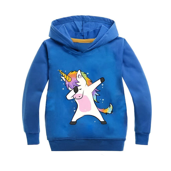 Sweat à capuche bleu avec un motif de licorne faisant un dab. Vêtement enfant avec un dessin amusant et coloré. Idéal pour un look décontracté et tendance., 45501763911935,45501763944703,45501763977471,45501764010239,45501764043007,45501764075775,45501764108543,45501764141311 | Licorne Shop