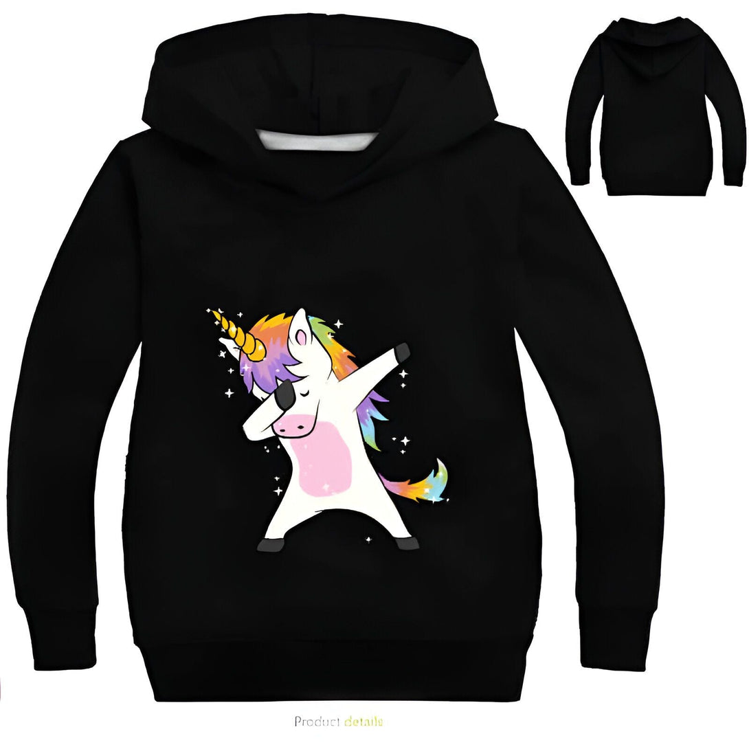 Sweat à capuche noir avec un dessin de licorne faisant un dab. La licorne a une crinière multicolore et une corne dorée. Le sweat a également une capuche et des manches longues. Un autre sweat à capuche noir est visible en arrière-plan., 45501703848191,45501704012031,45501704110335,45501704175871,45501704241407,45501704274175,45501704306943,45501704339711 | Licorne Shop
