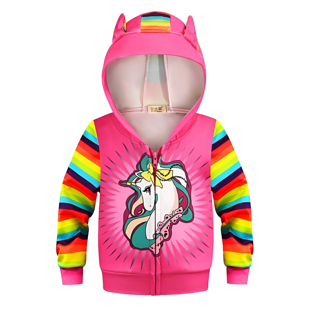 Veste à capuche rose pour enfants avec motif licorne et manches arc-en-ciel. La capuche a des oreilles et des rayures arc-en-ciel., 45501778198783,45501778231551,45501778264319,45501778297087,45501778329855,45501778362623,45501778395391,45501778428159 | Licorne Shop