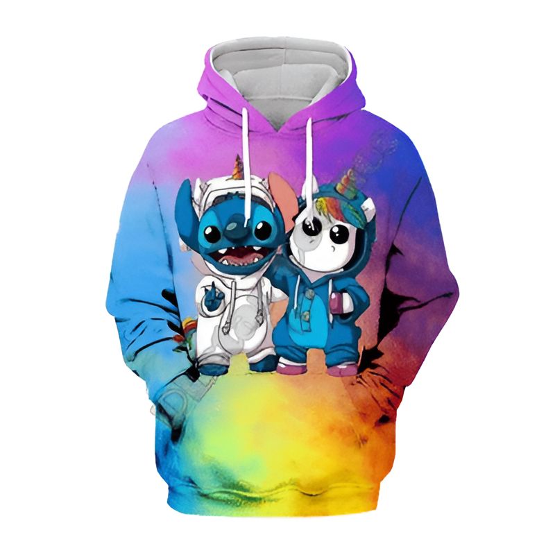 Sweat à capuche coloré avec Stitch et un personnage de dessin animé en costume de licorne. Design fantaisiste avec un mélange de couleurs vives et un style graphique unique. Vêtement à la mode pour les fans de dessins animés et de mode décontractée., 45501781344511,45501781377279,45501781410047,45501781442815,45501781475583,45501781508351,45501781541119,45501781573887 | Licorne Shop