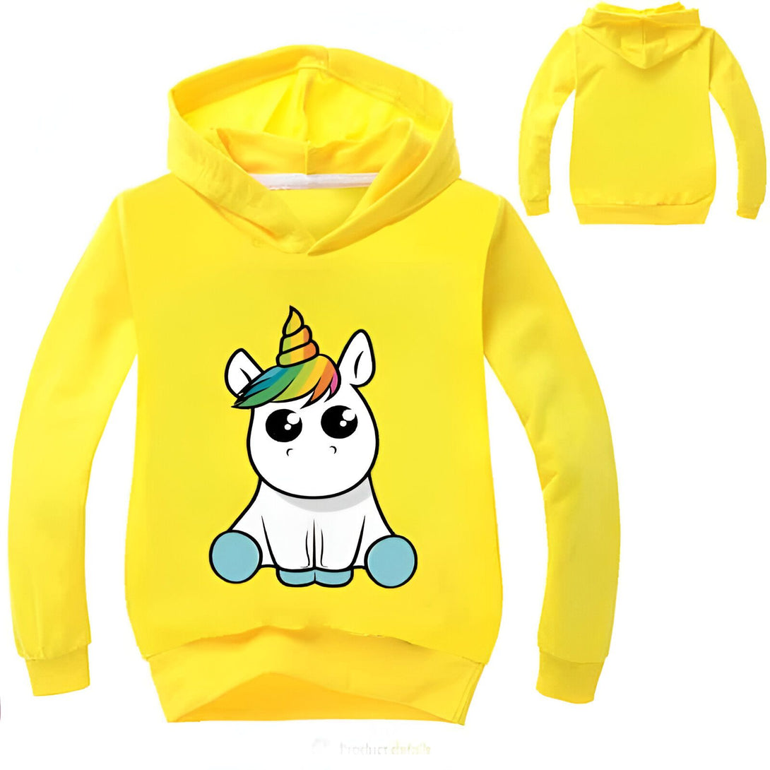 Sweat à capuche jaune pour enfant avec un motif de licorne colorée sur le devant. Vue de face et de dos du vêtement., 45502393483519,45502393516287,45502393549055,45502393581823,45502393614591,45502393647359,45502393680127,45502393712895 | Licorne Shop