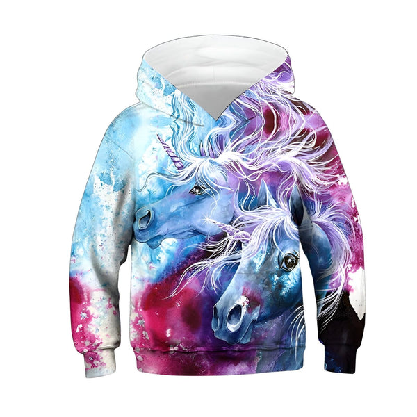 Sweat à capuche blanc imprimé avec deux licornes bleues et violettes. Style fantaisie et coloré., 45501691986175,45501692018943,45501692051711,45501692084479,45501692117247,45501692150015,45501692182783,45501692215551 | Licorne Shop