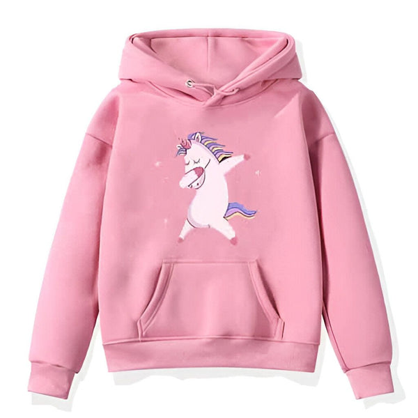Sweat à capuche rose avec motif d'un licorne faisant un dab, idéal pour les enfants. Vêtement confortable et tendance pour un look décontracté., 45502211653887,45502211686655,45502211719423,45502211752191,45502211784959,45502211817727,45502211850495,45502211883263 | Licorne Shop