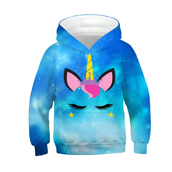 Image d'un sweat à capuche bleu imprimé avec un motif de licorne stylisée. Le design inclut des oreilles, une corne, des cils et des étoiles., 45502392041727,45502392074495,45502392107263,45502392140031,45502392172799,45502392205567,45502392238335,45502392271103 | Licorne Shop
