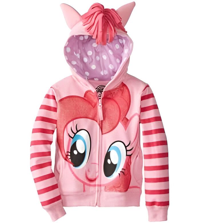 Veste à capuche pour enfant, motif My Little Pony Pinkie Pie, rose avec rayures rouges, capuche doublée à pois avec crinière et oreilles., 45501783474431,45501783802111,45501783965951,45501783998719,45501784031487,45501784064255,45501784097023,45501784129791 | Licorne Shop