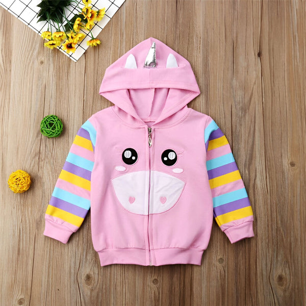 Veste à capuche rose pour enfant avec motif de licorne, fermeture éclair, manches rayées multicolores, oreilles et corne sur la capuche., 45501686317311,45501686350079,45501686382847,45501686415615,45501686448383,45501686481151,45501686513919,45501686546687 | Licorne Shop