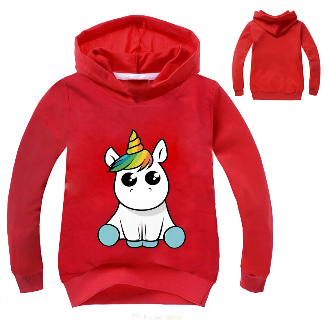 Sweat à capuche rouge pour enfant, orné d'un dessin de licorne blanche avec une corne arc-en-ciel. Vêtement confortable et ludique, parfait pour les jeunes fans de licornes. Vue de dos en arrière-plan., 45501779181823,45501779214591,45501779247359,45501779280127,45501779312895,45501779345663,45501779378431,45501779411199 | Licorne Shop