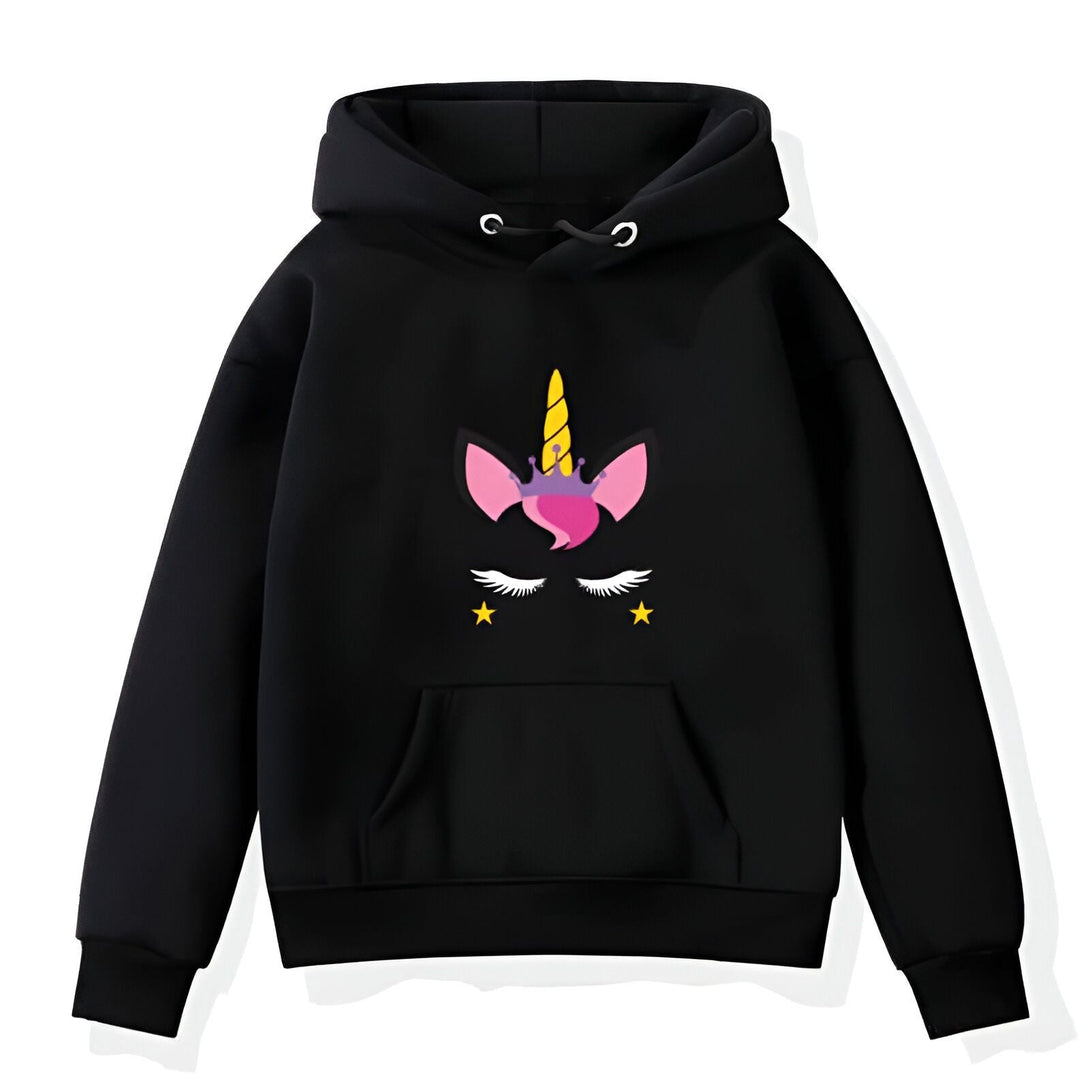Sweat à capuche noir avec un motif de visage de licorne rose, jaune et blanc., 45501706174719,45501706207487,45501706240255,45501706273023,45501706305791,45501706338559,45501706371327,45501706404095 | Licorne Shop