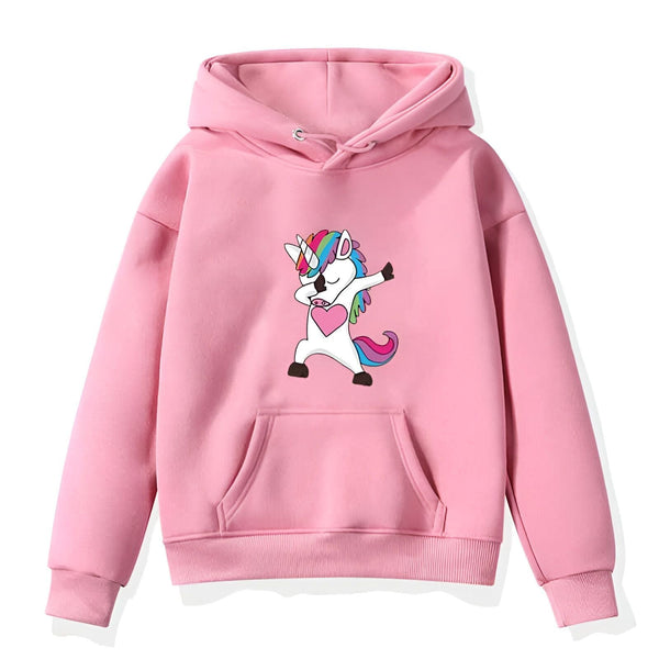 Sweat à capuche rose avec motif d'une licorne faisant un "dab". Vêtement pour enfants., 45501701718271,45501701751039,45501701783807,45501701816575,45501701849343,45501701882111,45501701914879,45501701947647 | Licorne Shop