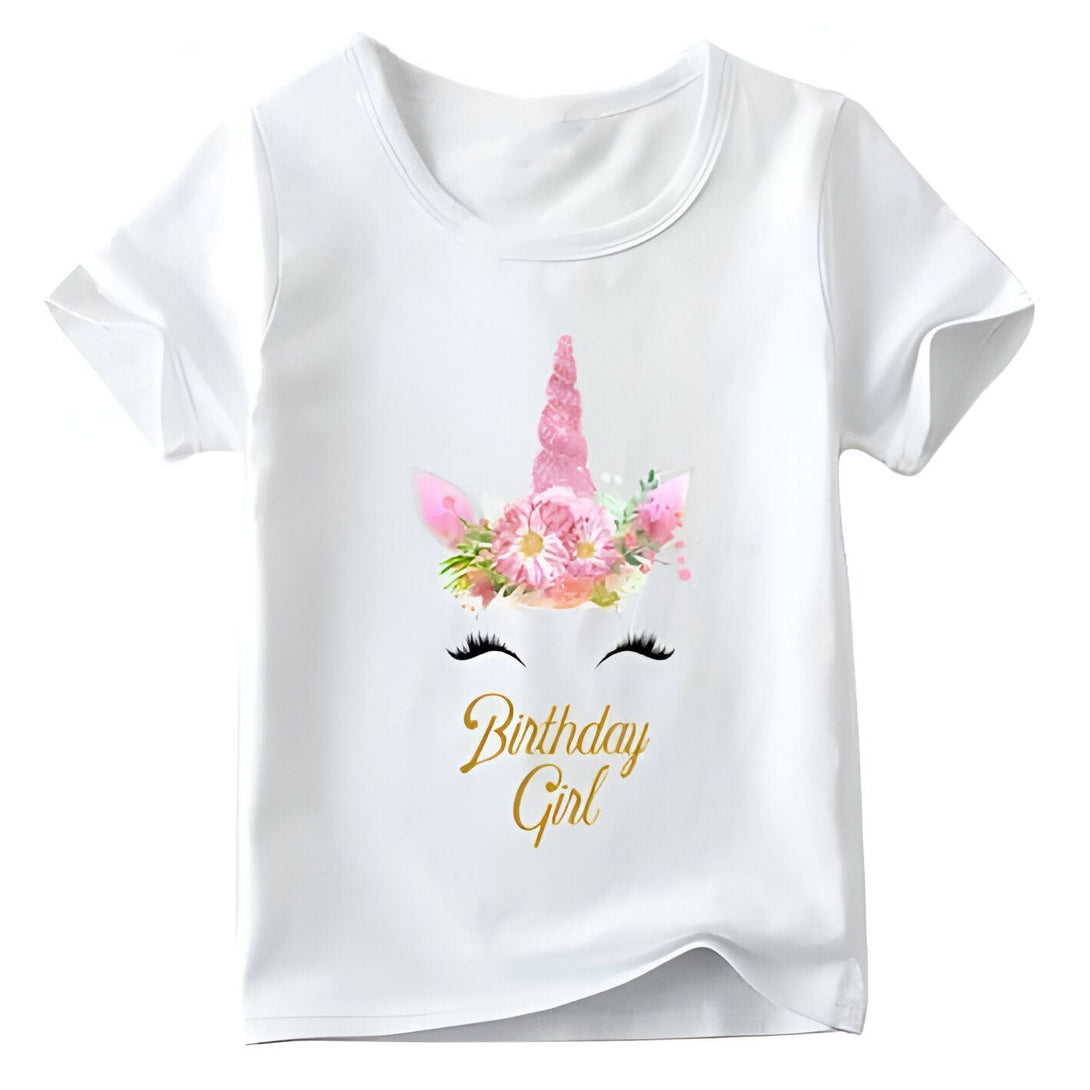 T-shirt blanc pour enfant, avec motif de licorne florale et l'inscription dorée "Birthday Girl". Idéal pour un anniversaire., 45502333747455,45502333780223,45502333812991,45502333845759,45502333878527,45502333911295,45502333944063,45502333976831 | Licorne Shop