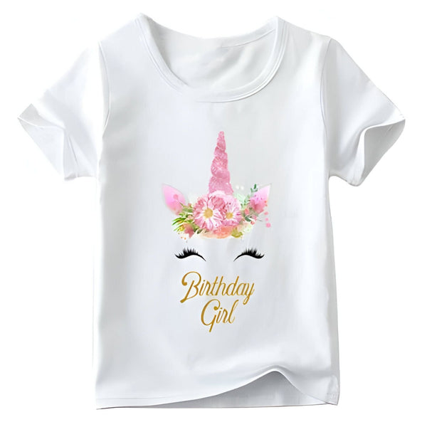 T-shirt blanc pour enfant, avec motif de licorne florale et l'inscription dorée "Birthday Girl". Idéal pour un anniversaire., 45502333747455,45502333780223,45502333812991,45502333845759,45502333878527,45502333911295,45502333944063,45502333976831 | Licorne Shop