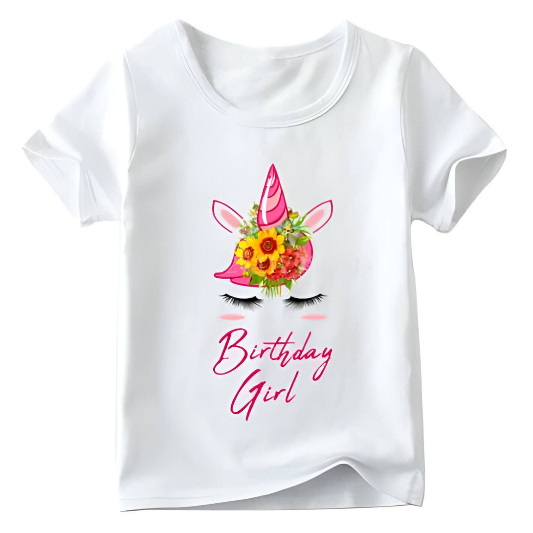 T-shirt blanc enfant avec motif licorne et fleurs. Inscription "Birthday Girl" (fille d'anniversaire). Idéal pour une fête d'anniversaire. Vêtement pour enfant., 45502335647999,45502335680767,45502335713535,45502335746303,45502335779071,45502335811839,45502335844607,45502335877375 | Licorne Shop