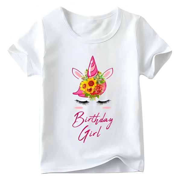 T-shirt blanc enfant avec motif licorne et fleurs. Inscription "Birthday Girl" (fille d'anniversaire). Idéal pour une fête d'anniversaire. Vêtement pour enfant., 45502335647999,45502335680767,45502335713535,45502335746303,45502335779071,45502335811839,45502335844607,45502335877375 | Licorne Shop