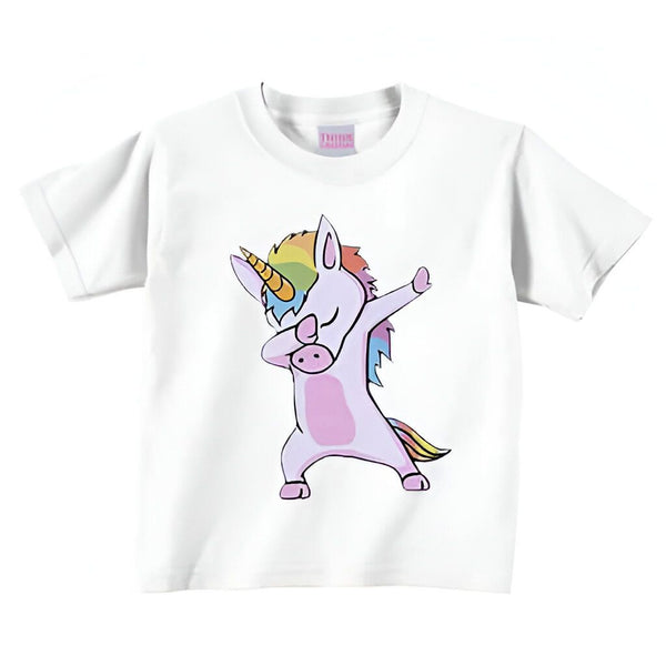 T-shirt blanc avec un dessin d'un licorne faisant le "dab". Licorne rose avec une crinière arc-en-ciel et une corne dorée. Vêtement pour enfant., 45502328439039,45502328471807,45502328504575,45502328537343,45502328570111,45502328602879,45502328635647,45502328668415 | Licorne Shop
