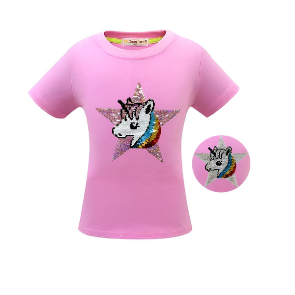 T-shirt rose pour fille avec un motif de licorne scintillante dans une étoile. Illustration supplémentaire du motif en cercle., 45502315954431,45502315987199,45502316019967,45502316052735,45502316085503,45502316118271,45502316151039,45502316183807 | Licorne Shop
