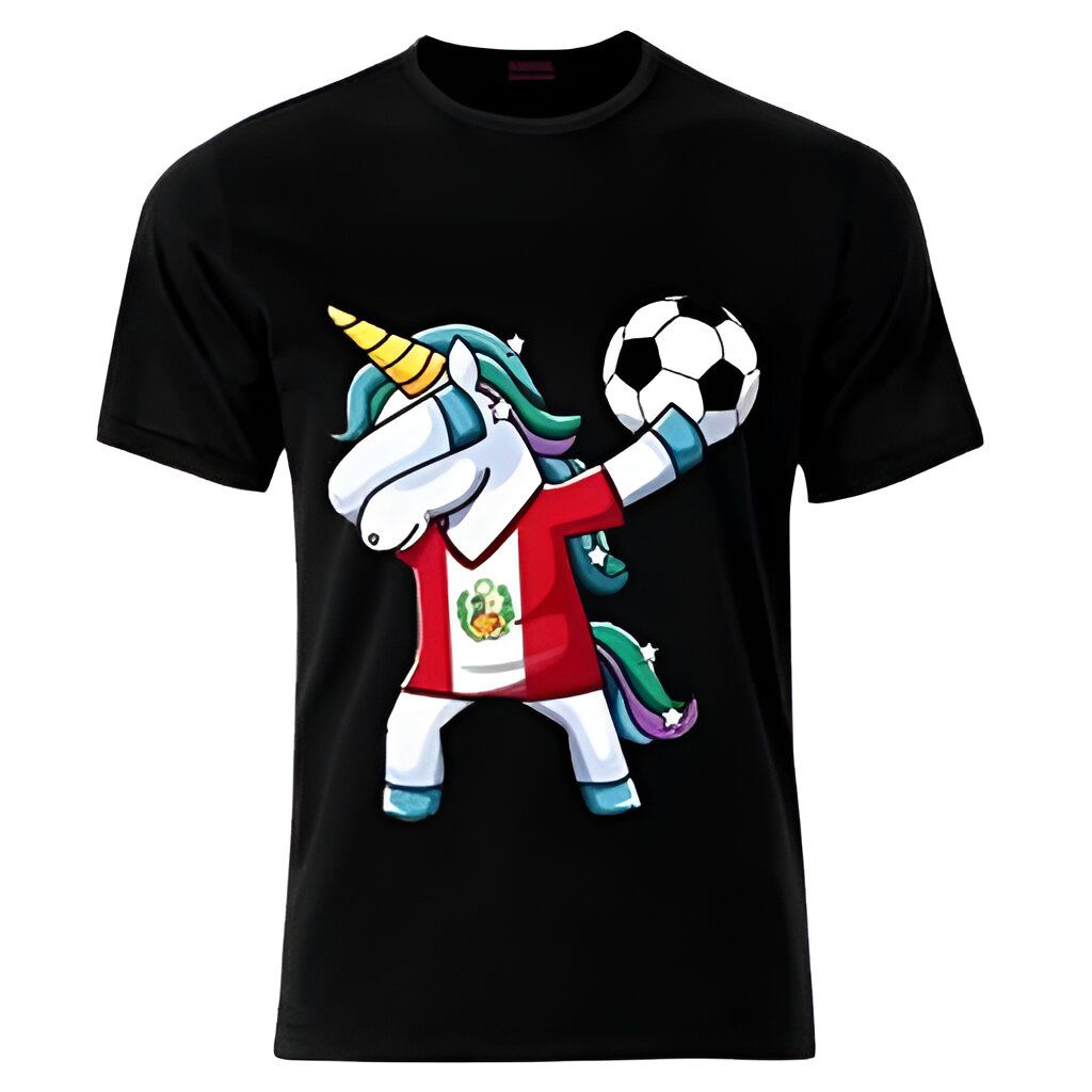 T-shirt noir avec un dessin animé d'une licorne qui fait un dab. Elle porte le maillot du Pérou et tient un ballon de foot., 45502328013055,45502328045823,45502328078591,45502328111359,45502328144127,45502328176895,45502328209663,45502328242431 | Licorne Shop