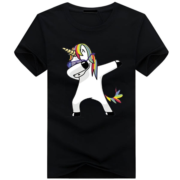 Une illustration d'une licorne blanche avec une crinière et une queue arc-en-ciel. La licorne porte des lunettes de soleil et fait un dab.