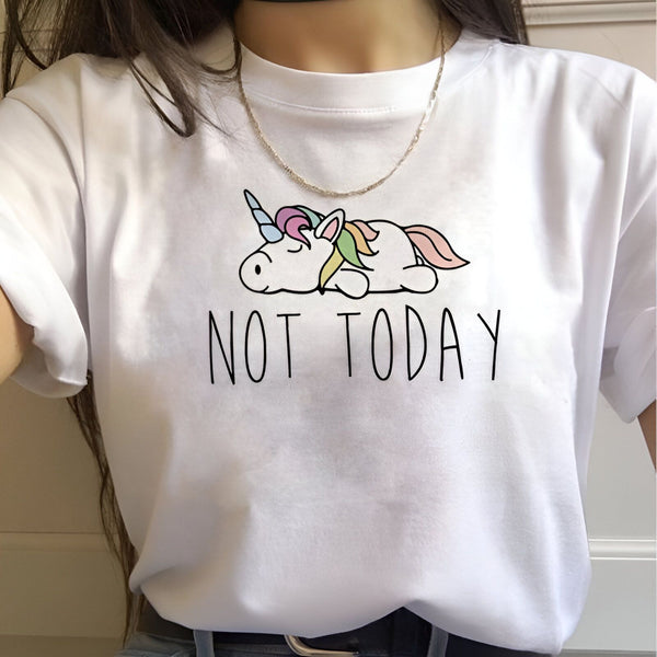 Une image d'une licorne endormie avec un texte en anglais "Not today".