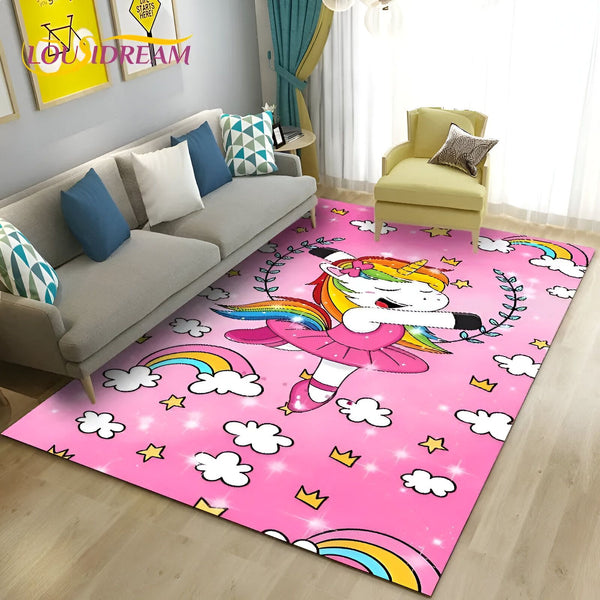 Une image d'une licorne dansant sur un tapis rose avec des étoiles et des nuages. La licorne porte une tutu rose et une couronne. Le tapis est entouré de nuages et d'étoiles.