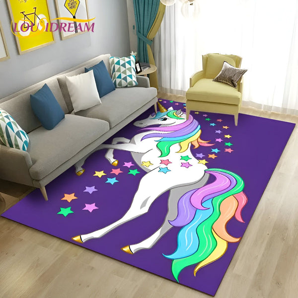 Une illustration d'une licorne blanche avec une crinière et une queue arc-en-ciel se cabrant sur un tapis violet parsemé d'étoiles multicolores.