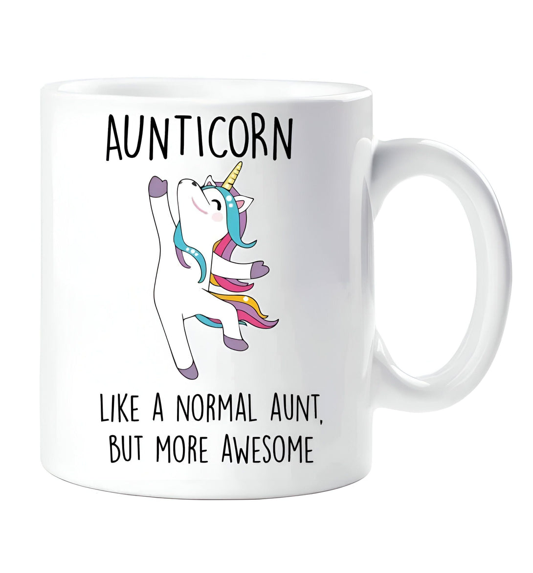Tasse blanche avec l'inscription "Aunticorn" et un dessin de licorne, sous l'inscription "Like a normal aunt, but more awesome" (comme une tante normale, mais plus géniale)., 45501189390591 | Licorne Shop