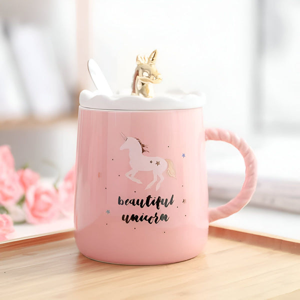 Image d'une tasse rose avec le mot « beautiful unicorn », un couvercle avec une statuette dorée et une cuillère. Roses roses sur le côté., 45501194928383 | Licorne Shop