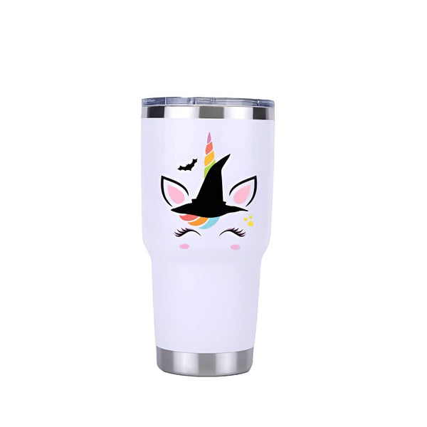 Gobelet blanc avec dessin d'une licorne portant un chapeau de sorcière noir, parfait pour Halloween ou les fans de créatures magiques. Boisson chaude ou froide, idéal pour rester hydraté avec style., 45501191618815 | Licorne Shop