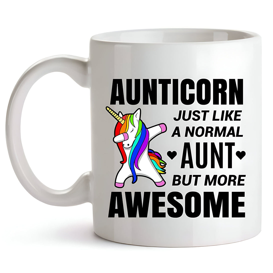 Mug blanc avec un dessin humoristique d'une tante licorne "Aunticorn". Le texte indique "Aunticorn, juste comme une tante normale mais plus géniale" avec un dessin d'une licorne faisant un dab. Cadeau parfait pour une tante spéciale., 45501189652735 | Licorne Shop