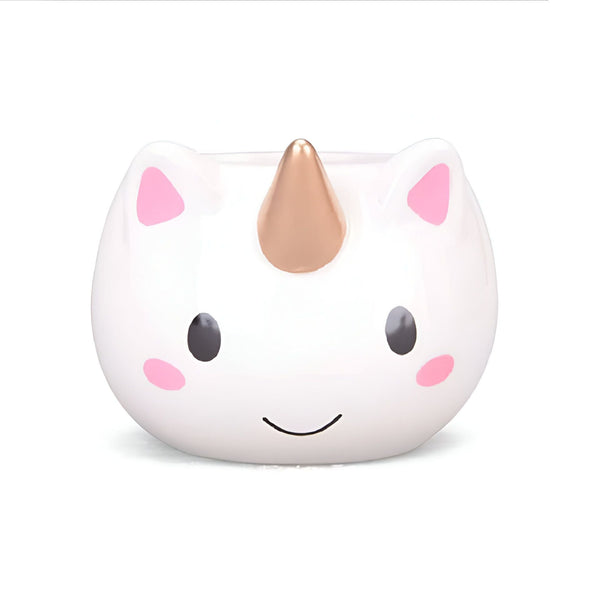 Pot de fleurs décoratif en céramique blanche en forme de licorne avec une corne dorée, des yeux noirs, des joues roses et des oreilles roses. Objet mignon pour la maison et le jardin., 45501194731775 | Licorne Shop