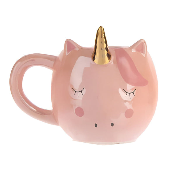 Tasse licorne rose avec corne dorée et yeux fermés, vue de face. Design mignon avec petites oreilles pointues et joues roses. Idéale pour les amateurs de créatures féériques., 45501190013183 | Licorne Shop