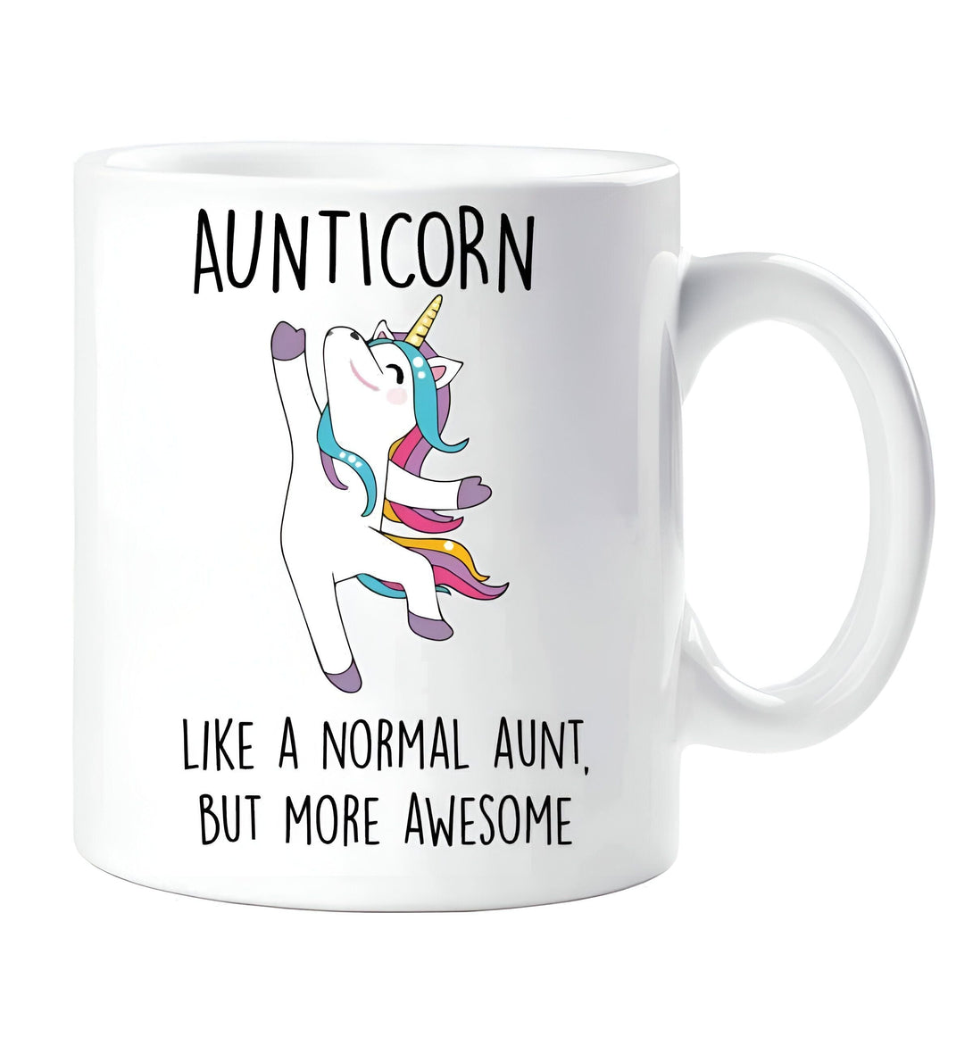 Tasse blanche avec inscription « AUNTICORN » et illustration d'une licorne. Slogan : « Like a normal aunt, but more awesome » (Comme une tante normale, mais plus géniale). Idée cadeau pour une tante., 45501200433407 | Licorne Shop