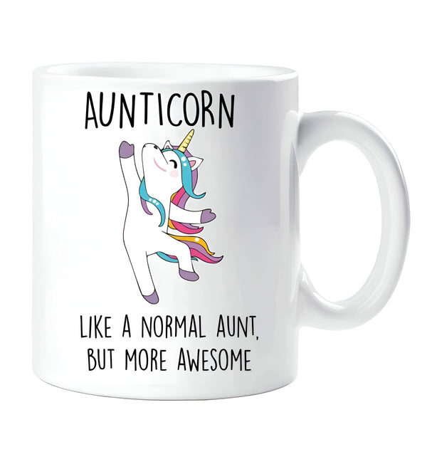 Tasse blanche avec inscription « AUNTICORN » et illustration d'une licorne. Slogan : « Like a normal aunt, but more awesome » (Comme une tante normale, mais plus géniale). Idée cadeau pour une tante., 45501200433407 | Licorne Shop