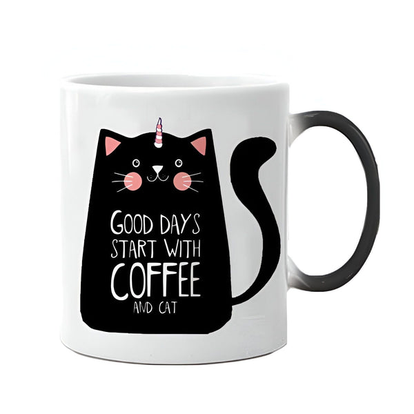 Tasse blanche avec un chat noir décoré d'une corne de licorne. Inscription "Good days start with coffee and cat" (Les bonnes journées commencent avec le café et un chat). Idée cadeau originale pour les amoureux des chats et du café., 45501189128447 | Licorne Shop