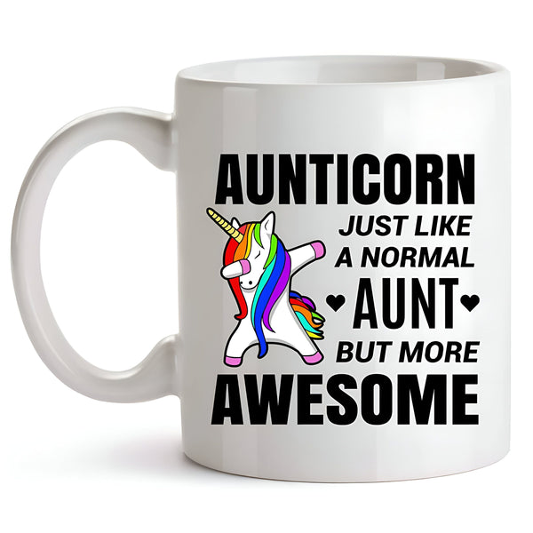 Tasse blanche avec un motif humoristique "Aunticorn, Just Like a Normal Aunt But More Awesome" et un dessin d'une licorne faisant le dab. Idée cadeau amusante pour une tante., 45501200630015 | Licorne Shop