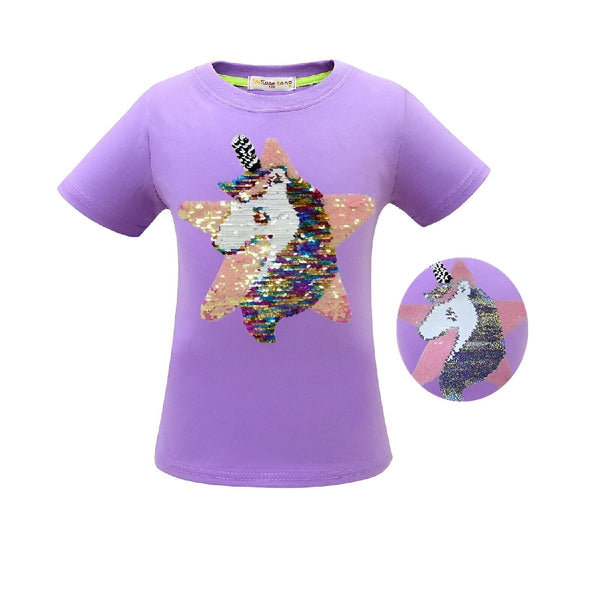 T-shirt lilas pour fille avec un motif d'étoile et de licorne pailletée. Le motif est réversible, passant du multicolore au blanc. Le t-shirt est de marque « Milanglong »., 45502297538815,45502297571583,45502297604351,45502297637119,45502297669887,45502297702655,45502297735423,45502297768191 | Licorne Shop