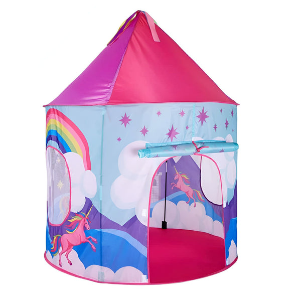 Tente de jeu pour enfants avec motif licorne et arc-en-ciel, toit rose et violet, porte enroulée, étoiles roses. Jouet pour l'intérieur ou l'extérieur., 45502402593023 | Licorne Shop