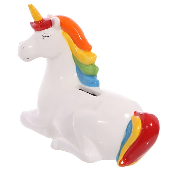Tirelire licorne en céramique blanche avec crinière et queue arc-en-ciel. Objet de décoration pour enfant. Épargne et conte de fées., 45501185229055 | Licorne Shop