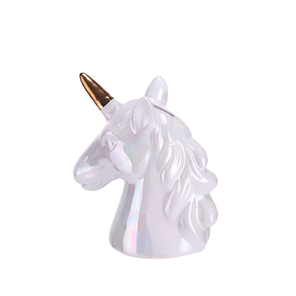 Tête de licorne irisée, tirelire avec une corne dorée. Design mignon et brillant, idéal pour une décoration féérique ou un cadeau original., 45501184246015 | Licorne Shop