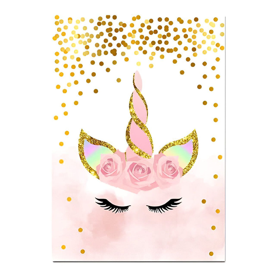 Illustration d'une tête de licorne rose avec une corne dorée, des fleurs roses et des feuilles iridescentes. Des confettis dorés tombent du haut de l'image., 45501132013823 | Licorne Shop