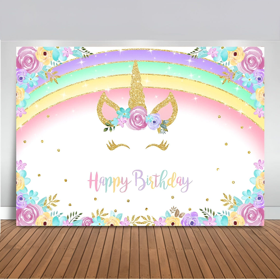 Une image d'arrière-plan de joyeux anniversaire de licorne avec une licorne blanche et des fleurs colorées.