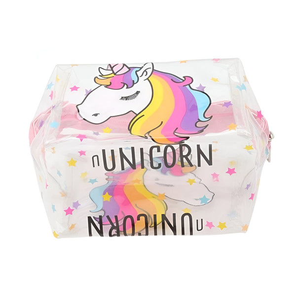 Une trousse transparente avec une licorne imprimée dessus. La trousse est remplie de paillettes colorées.