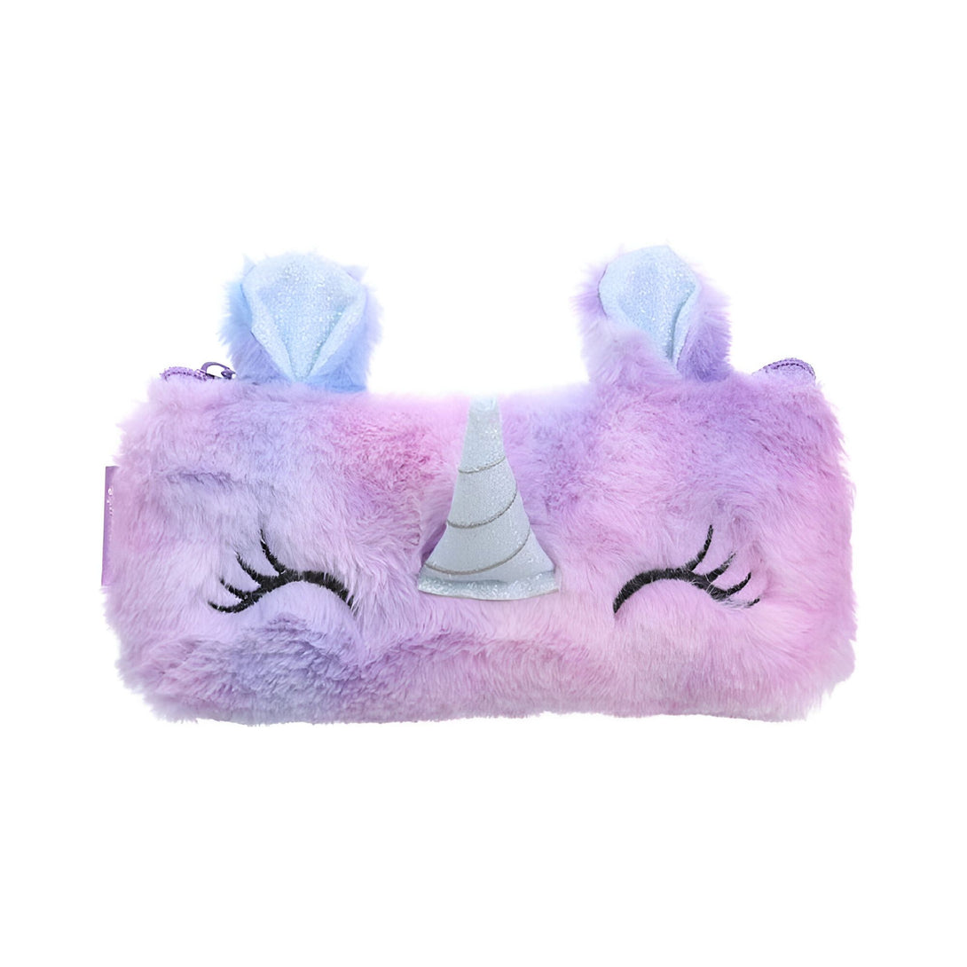 Une trousse en peluche licorne violette et bleue avec des oreilles et une corne en 3D.