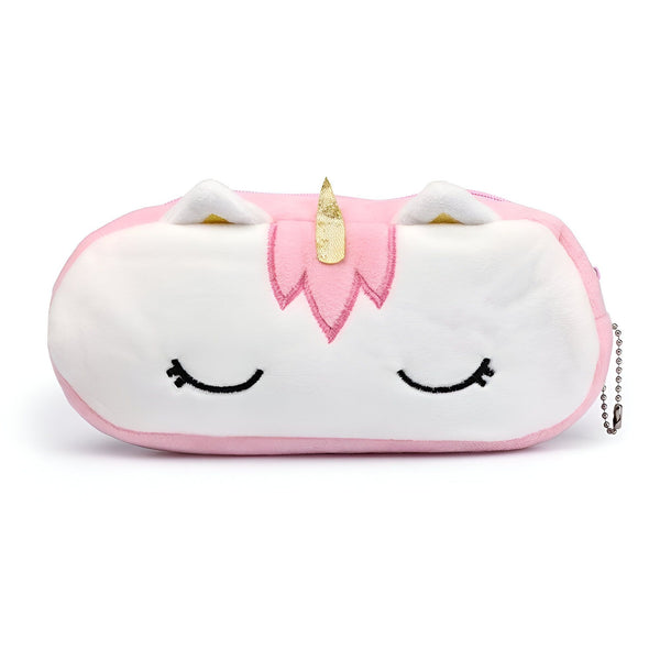 Une trousse en peluche blanche et rose en forme de licorne avec des yeux fermés, une corne dorée et des oreilles roses.