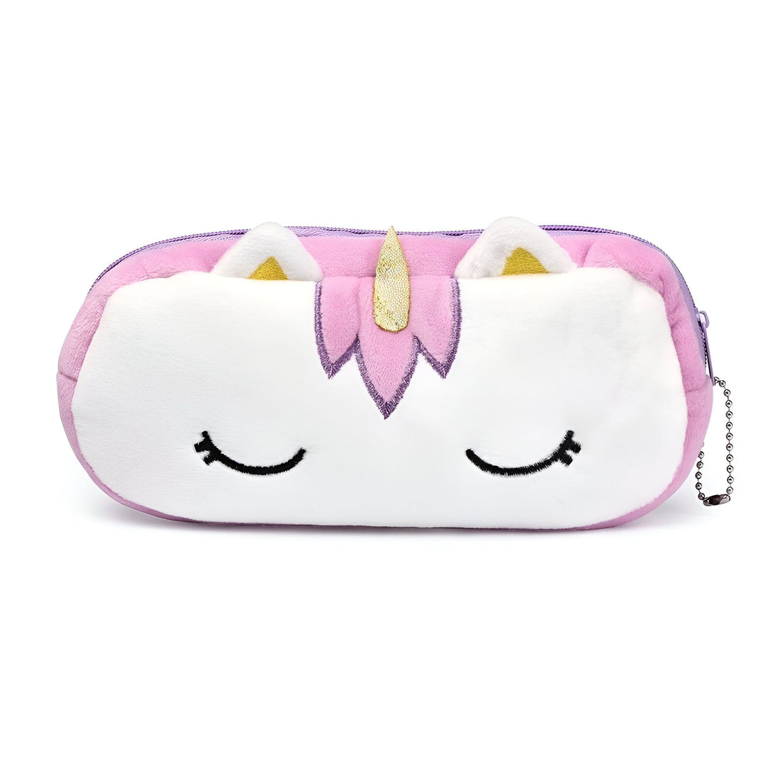 Une trousse en peluche blanche et rose en forme de licorne avec des yeux fermés, une corne dorée et une fermeture éclair.