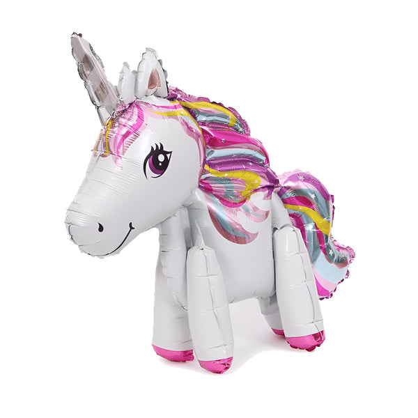 Ballon en forme de licorne debout. La licorne est blanche avec une crinière et une queue multicolores (rose, jaune, violet). Elle a une corne argentée et de grands yeux noirs avec des reflets blancs., 45501105111295 | Licorne Shop