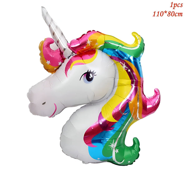 Ballon gonflable en forme de tête de licorne blanche avec crinière arc-en-ciel. Décoration festive et colorée pour anniversaire ou événement sur le thème des licornes. Taille approximative : 110 x 80 cm., 45501112418559 | Licorne Shop