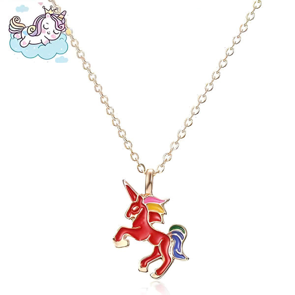 Collier pour enfant avec pendentif licorne rouge et crinière arc-en-ciel, chaîne dorée. Un dessin d'une licorne endormie sur un nuage complète l'image., 45501841572095 | Licorne Shop