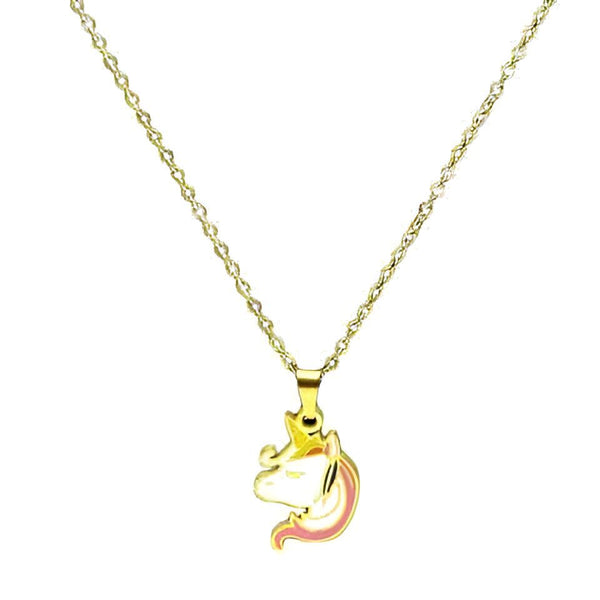 Collier doré avec un pendentif en forme de tête de licorne blanche et rose, portant une couronne dorée. Bijou fantaisie pour enfant., 45501728588031 | Licorne Shop